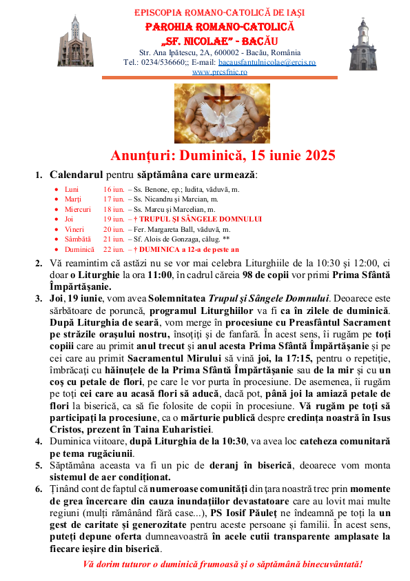 Read more about the article Anunturi – duminica 15 iunie 2025
