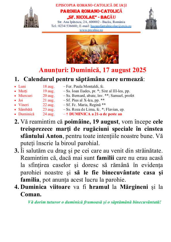 Read more about the article Anunturi – duminica 17 august 2025