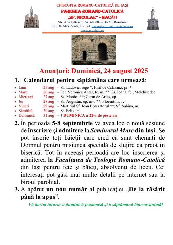 Read more about the article Anunturi – duminica 24 august 2025