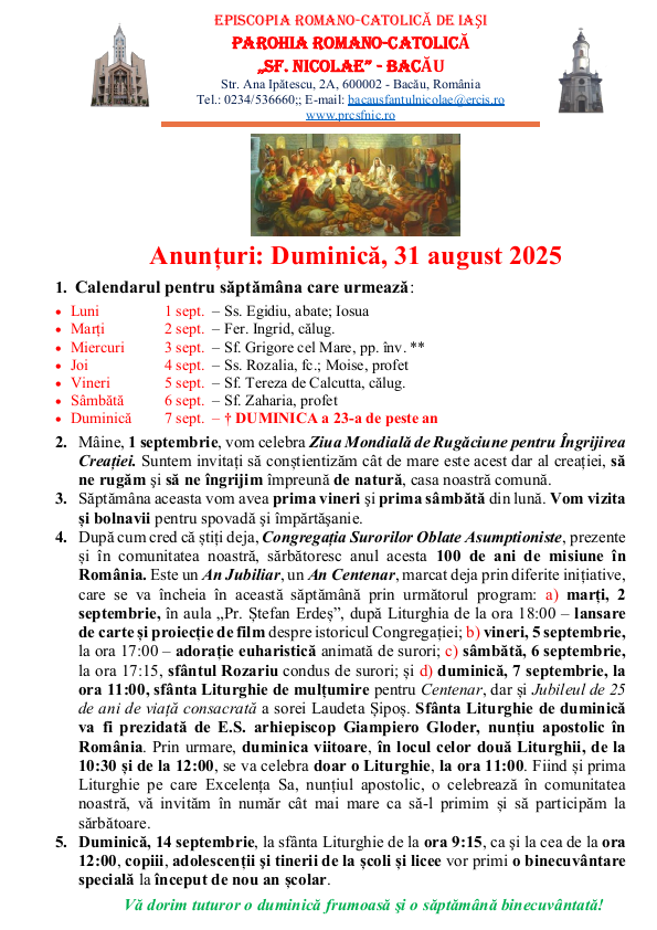 Read more about the article Anunturi – duminica 31 august 2025