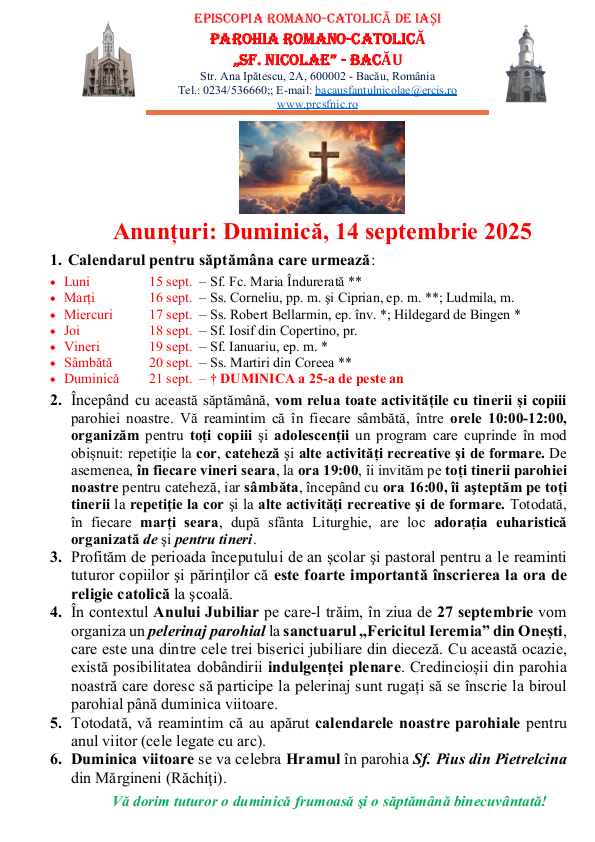 Read more about the article Anunturi – duminica 14 septembrie 2025