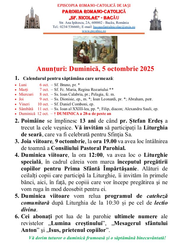 Read more about the article Anunturi – duminica 5 octombrie 2025