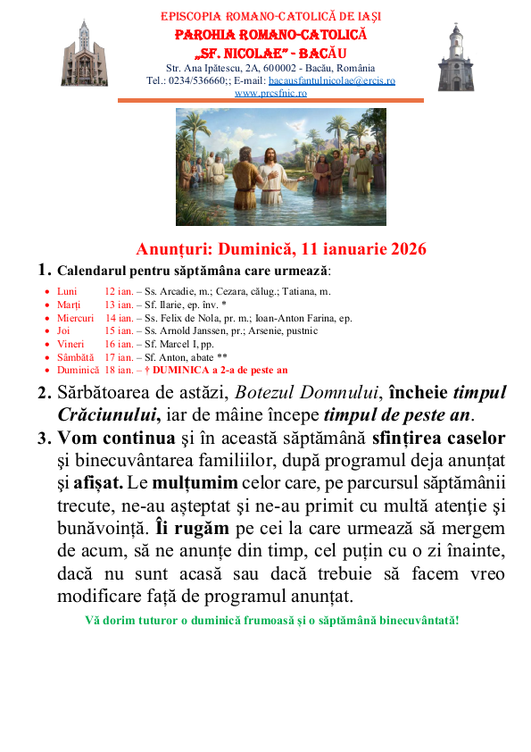 Read more about the article Anunturi – duminica 11 ianuarie 2026