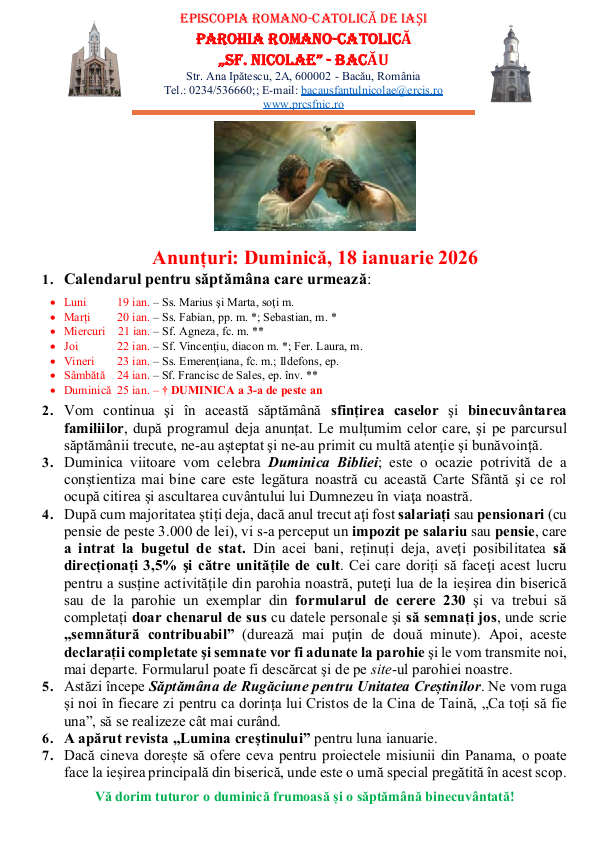 Read more about the article Anunturi – duminica 18 ianuarie 2026