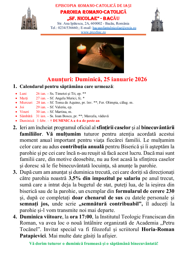 Read more about the article Anunturi – duminica 25 ianuarie 2026