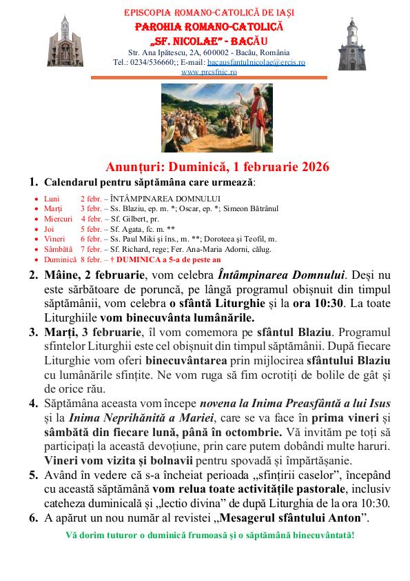 Read more about the article Anunturi – duminica 1 februarie 2026