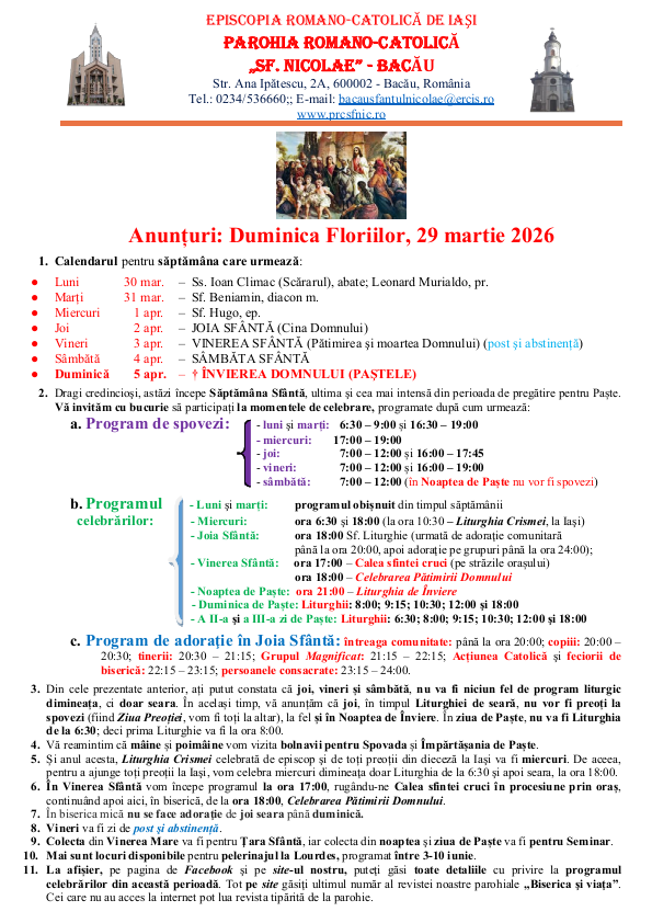 Read more about the article Anunturi – duminica 29 martie 2026 – Floriile