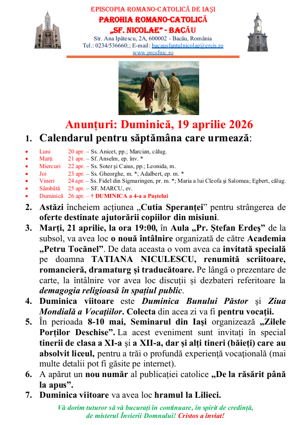 You are currently viewing Anunturi – duminica 19 aprilie 2026