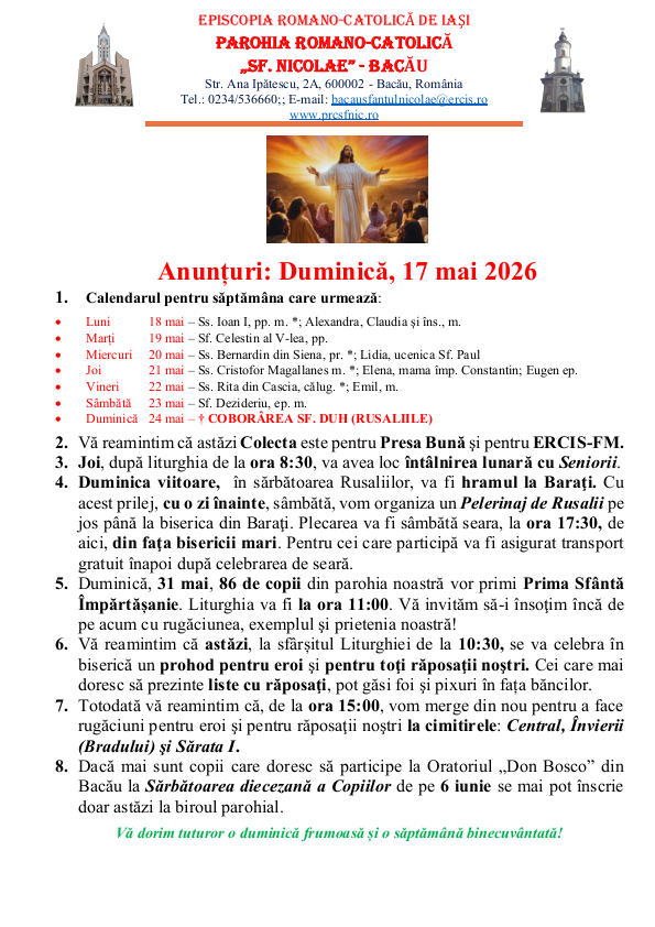 You are currently viewing Anunturi – duminica – 17 mai 2026