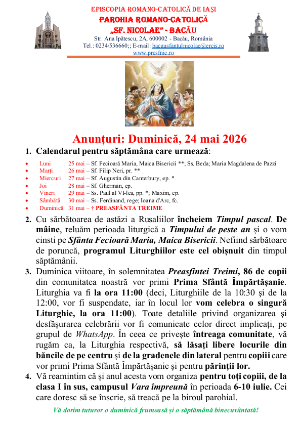 You are currently viewing Anunturi – duminica 24 mai 2026 – Rusaliile