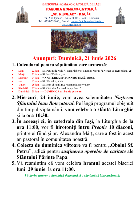 You are currently viewing Anunturi – duminica 21 iunie 2026