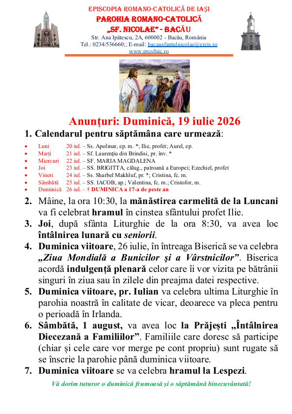 You are currently viewing Anunturi – duminica 19 iulie 2026
