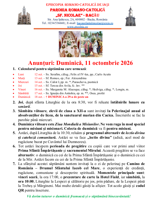 You are currently viewing Anunturi – duminica 11 octombrie 2026