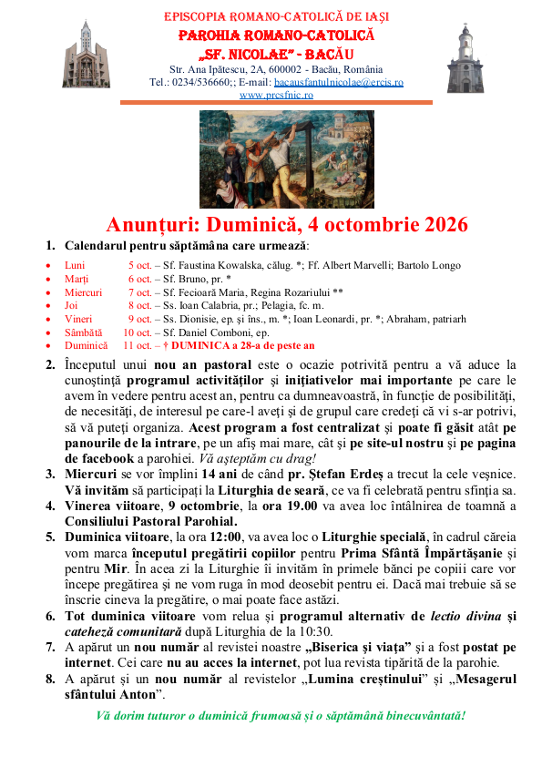You are currently viewing Anunturi – duminica 4 octombrie 2026